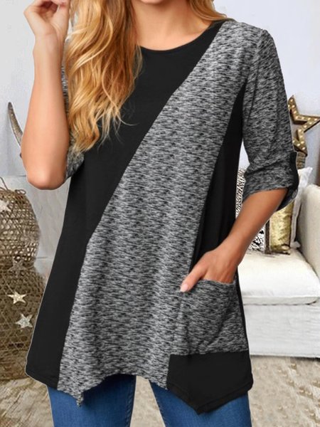 

Contrast Stitching Round Neck Casual Long-sleeved Shirt & Top, Black-grey, Tunics