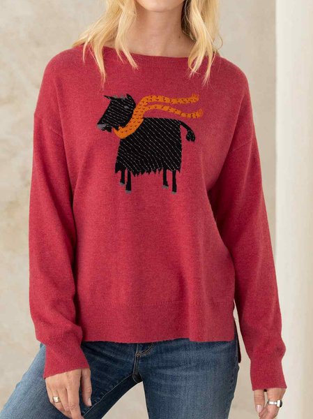 

Animal Crew Neck Off Shoulder Long Sleeve Sweater, Coral, Sweaters