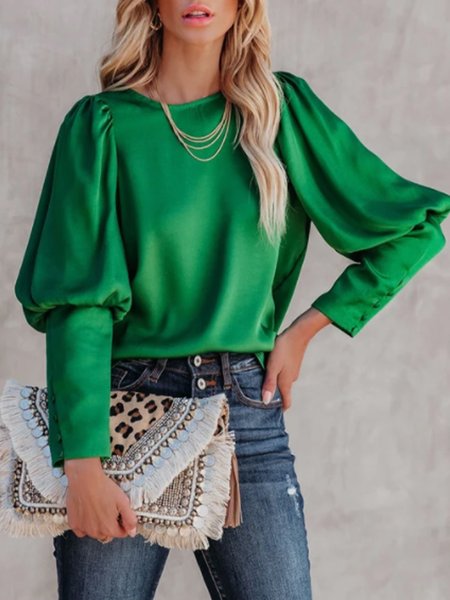 

Elegant Crew Neck Satin Top, Green, Blouses and Shirts