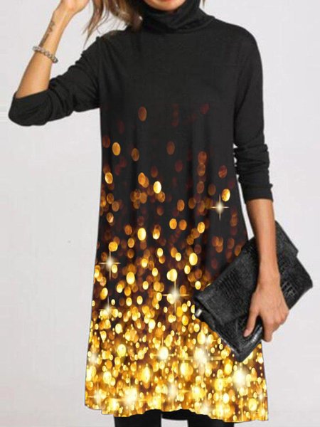 

Casual Printed High Neck Long Sleeve A-line Dresses, Black, Mini Dresses