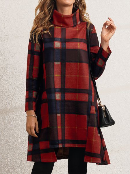 

Vintage High Neck Cotton Blends Dresses, Red, Casual Dresses