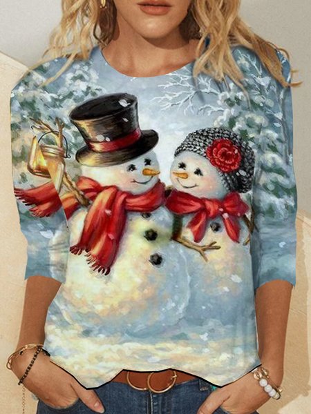

Cotton Blends Casual Christmas Snowman Shirts & Tops, As picture, T-Shirts