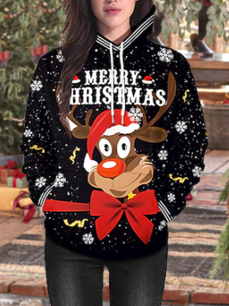 

Casual Sweatshirt Christmas elk pattern black hooded sweatshirt, Hoodies & Sweatshirts