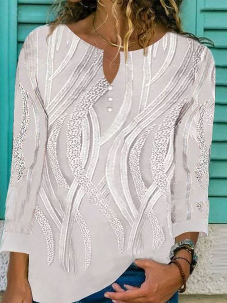 

Round Neck Floral Print Casual Loose Long-sleeved Blouse, White, Long sleeve tops
