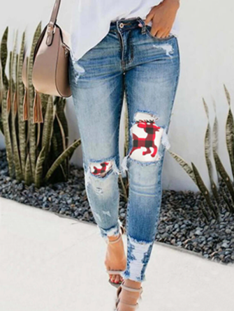 

Casual Animal Pants Christmas elk ripped stitching washed jeans, Denim blue, Pants