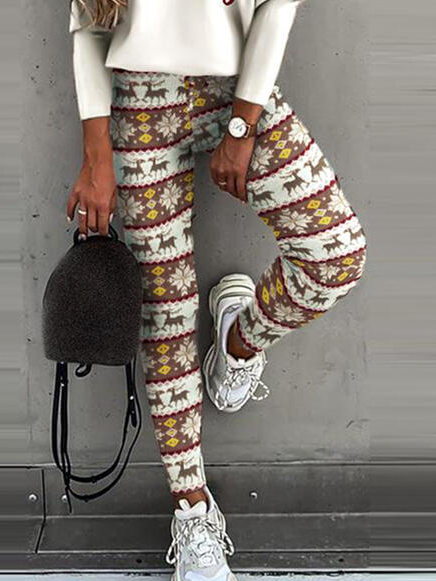 

Casual Pants Christmas deer snowflake pattern leggings, Multicolor, Leggings