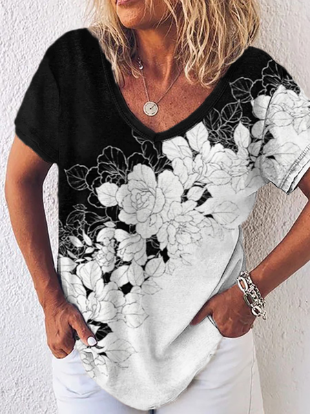 

Plus size Floral V Neck Shirts & Tops, Black-white, T-Shirts