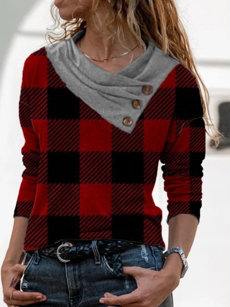 

Casual Long Sleeve V Neck Top, Red, Tops