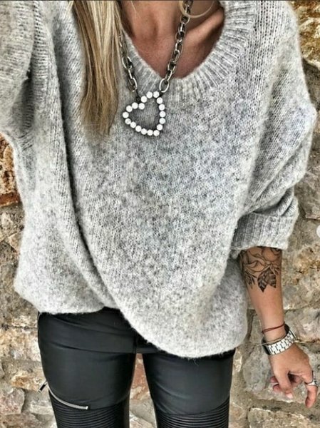 

Plain Casual Wool/Knitting Sweater, Gray, Sweaters