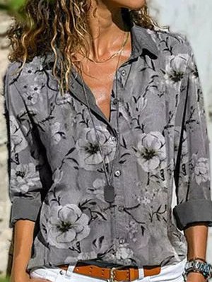 

Vintage Floral Printed Loose Long Sleeve Blouse, Gray, Blouses & Shirts