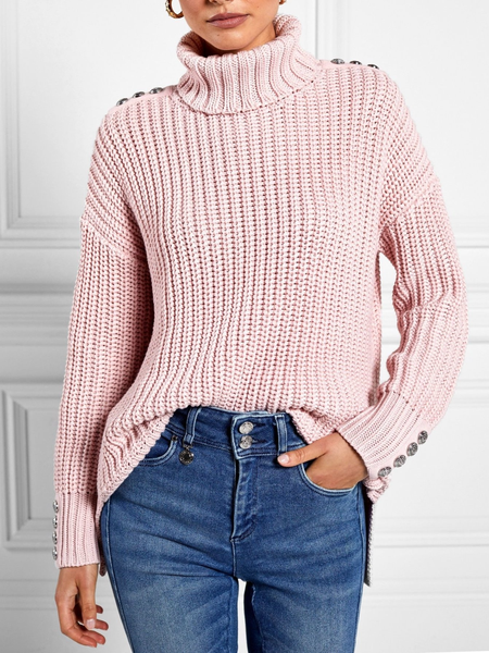 

Winter Plain Loosen High Neck Slightly stretchy Sweater, Pink, Pullovers