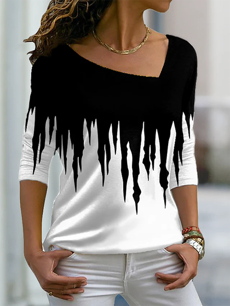 

V Neck Casual Printed Long Sleeve Shirts & Tops, Black-white, T-Shirts