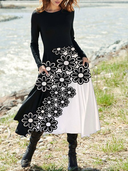 

Floral Color Block Printed Round Neck Casual A-line Dresses, Black-white, Midi Dresses