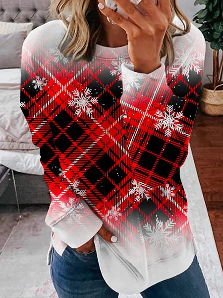 

Red Xmas Snowflakes Crew Neck Ombre Sweatshirt, As picture, Hoodies&Sweatshirts