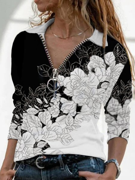 

Color-block Floral Printed Long Sleeves V Neck Plus Size Casual Tops, Black-white, T-Shirts