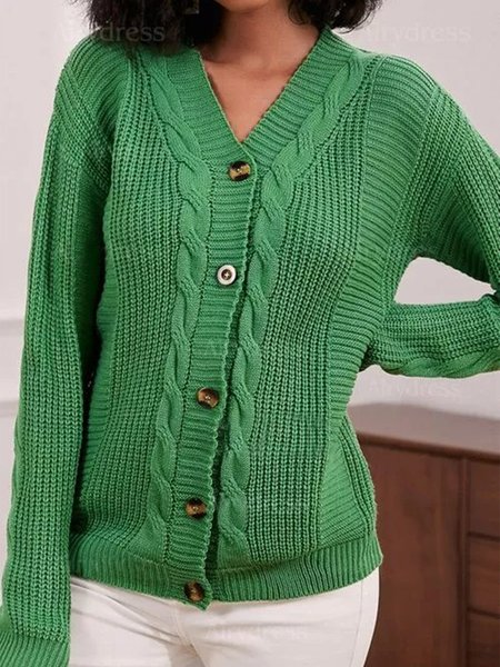 

V Neck Acrylic Elegant Buttoned Sweater, Green, Sweaters