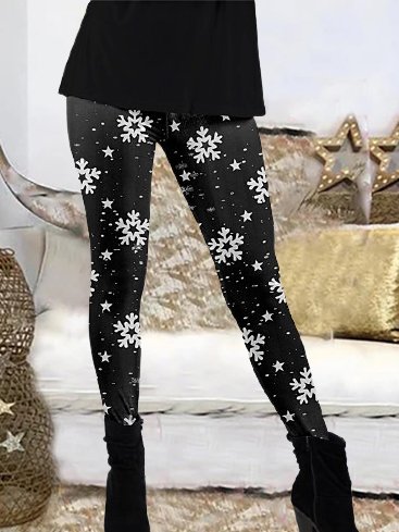 

Elastic waist Christmas Geometric Printed Skinny Leggings, Black, Leggings