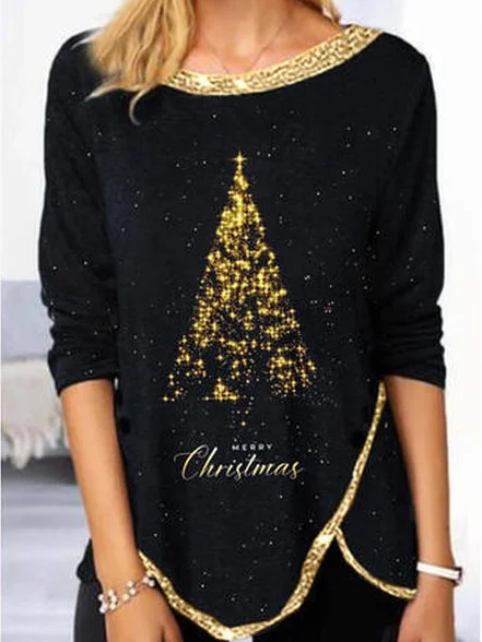 

Christmas Cotton Blends Letter Shirts & Tops, Black, Long sleeve tops