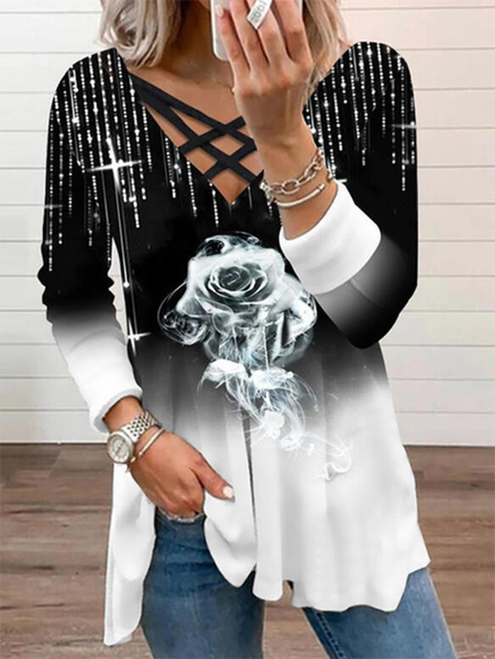 

Floral V Neck Long Sleeve Casual Shirts & Tops, Black-white, T-Shirts