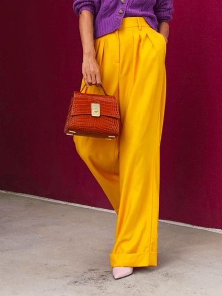 

Winter Plain Work Formal Daily Zipper fly Pants, Yellow, Wide Leg Pants