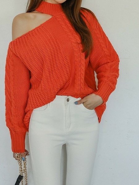 

Long sleeve Statement Off the shoulder Solid Sweater, Orange red, Pullovers