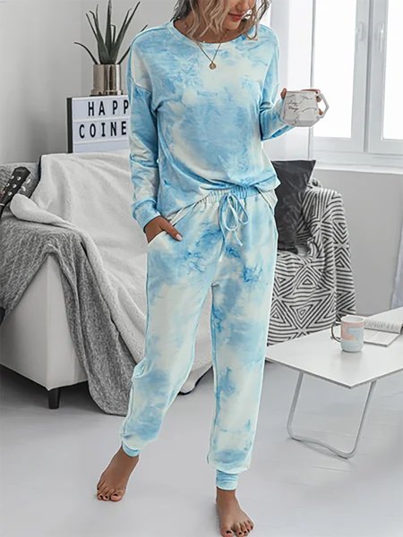 

Crew Neck Loosen Tye Die Long Sleeves Tops With Pants Basics Suits, Blue, Two-piece Outfits