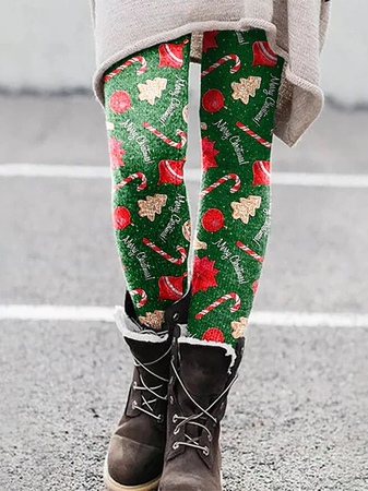 

Christmas Cartoon Cotton Blends Skinny Pants, Green, Pants