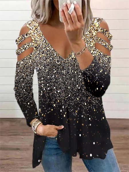 

Printed V Neck Long Sleeve Casual Shirts & Tops, Multicolor, T-Shirts