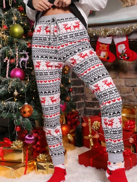 

Cartoon Christmas Snowman Regular Fit Pants, Multicolor, Pants