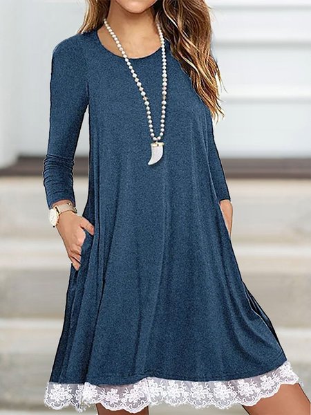 

Casual Loosen Solid Lace Long Sleeves Knitting Dress, Blue, Mini Dresses