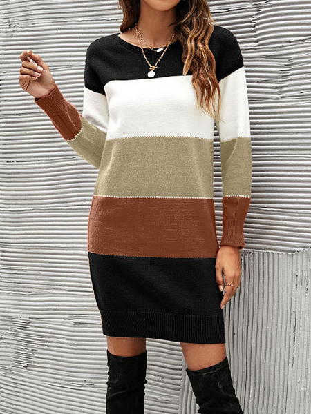 

Crew Neck Off Shoulder Striped Dresses, Black, Casual Dresses