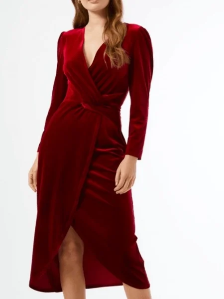 

Winter Long sleeve Elegant V Neck Plain Date Party Formal Dresses, Deep red, Midi Dresses