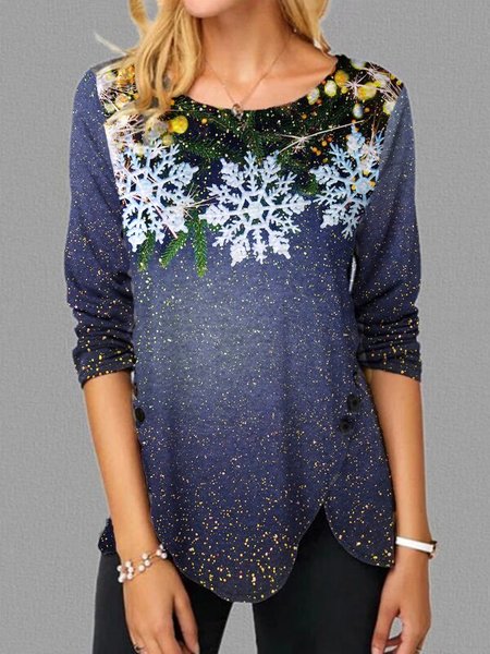 

Snowflake Printed Casual Long Sleeve Shirts & Tops, Dark blue, Tops