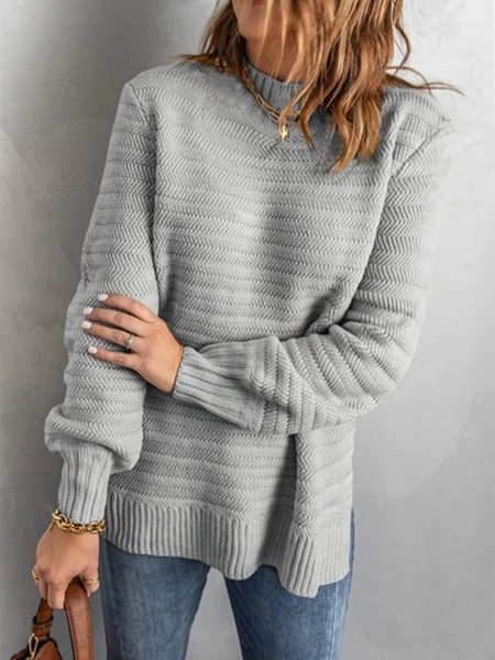 Stand Collar Casual Solid Sweater, Gray, Sweaters