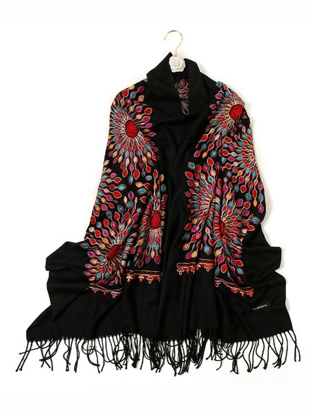 

Imitation Cashmere Ethnic Tassel Warm Scarf, Black, Scarves&Gloves