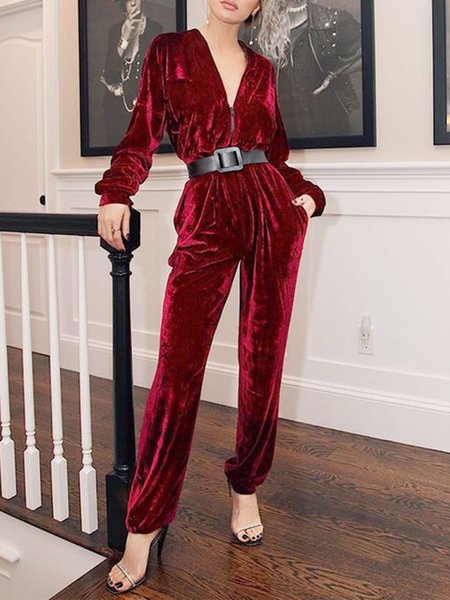 

Lady V Neck Regular Fit Solid One-Piece, Red, Jumpsuits
