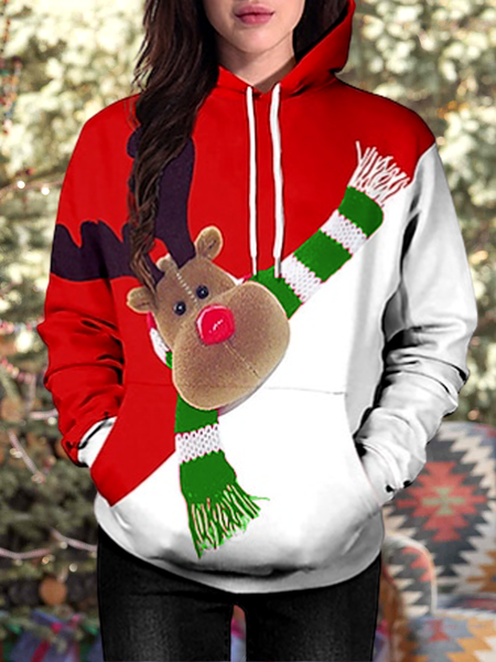

Casual Christmas Snowman Sweatshirt Cute Christmas Elk Red and White Contrasting Color Hoodie, Hoodies & Sweatshirts