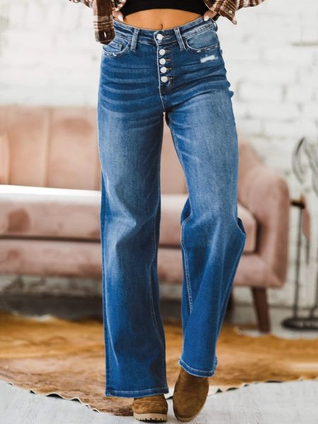

Denim Plain Pockets buttoned Pants, Dark_blue, Pants