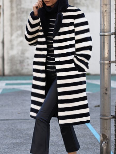 

Long Sleeve Daily Striped Outerwear, Black-white, Coats