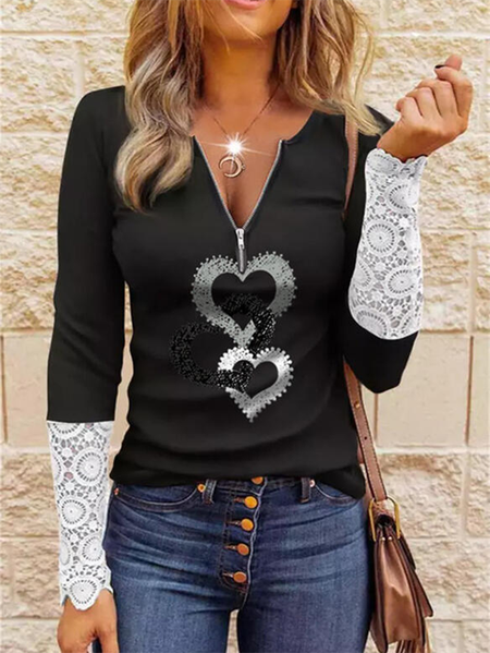

Maniche Lunghe Scollo a V Stampato Casuale Top, Nero, T-shirts
