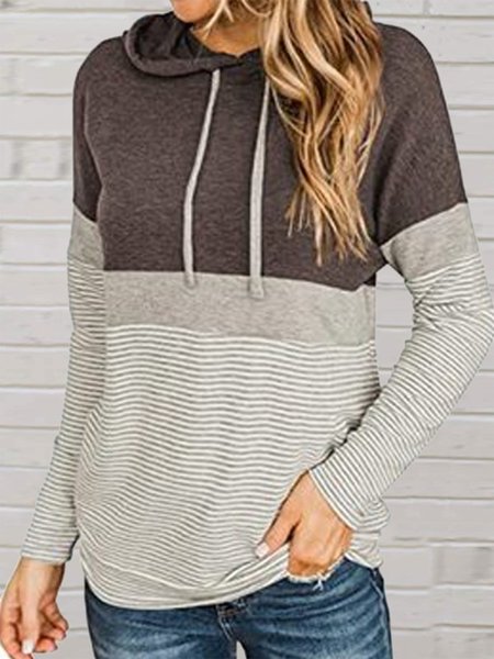 

Casual Stitching Striped Long-Sleeved Hooded Shirts & Tops, Camel, Long sleeve tops