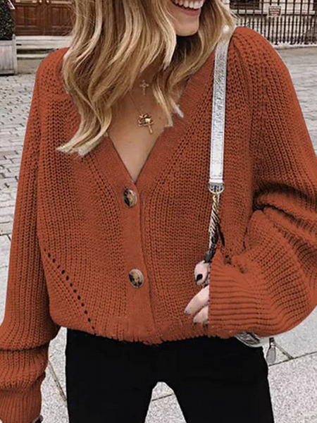 

Casual V Neck Solid Sweet Sweater, Red, Sweaters