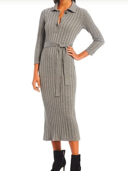 

Winter Elegant High Stretch Work Date Daily Long sleeve Dresses, Gray, Midi Dresses