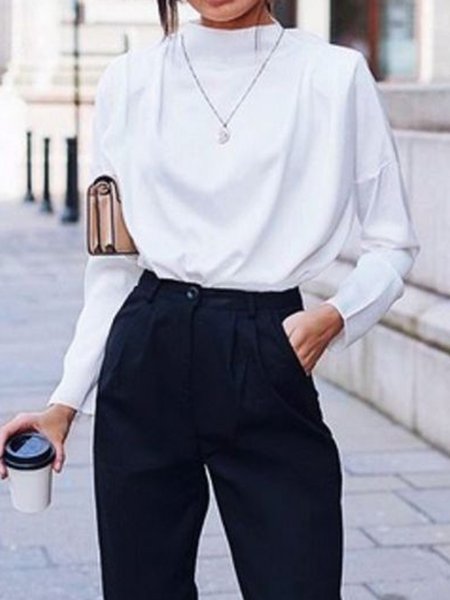 

Loosen Solid Simple Long Sleeve Top, White, Tops