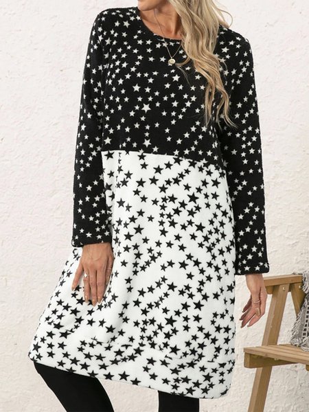 

Star Crew Neck Color Block Casual Dresses, Black-white, Casual Dresses