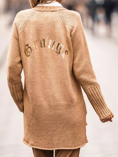 

Letter V Neck Loosen Raglan Sleeve Sweater（accessory not included）, Khaki, Sweaters