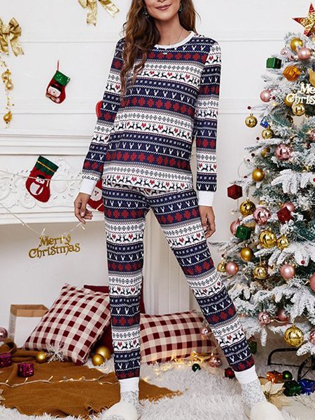 

Christmas Printed Sweet Long sleeve Crew Neck Suits, Dark blue, Suit Set