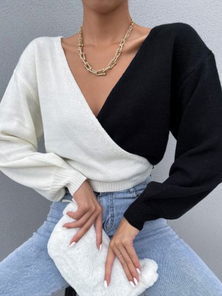 

V Neck Color Block Sweater, As picture, Pullovers