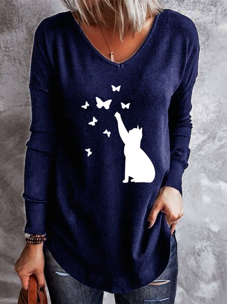 

Cat and butterfly print V-neck long-sleeved top, Deep blue, Hoodies&Sweatshirts
