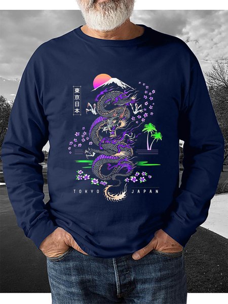 

Dragon And Sakura Graphic Loose Long Sleeve Sweatshirt, Blue, Sweater